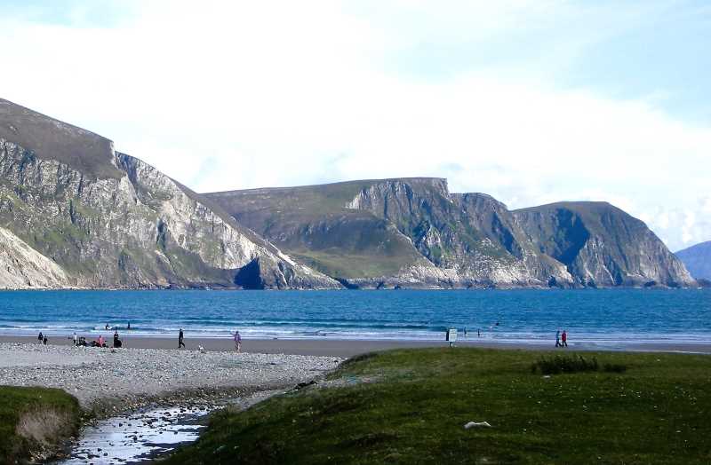 beach on achill island, sea and mountains