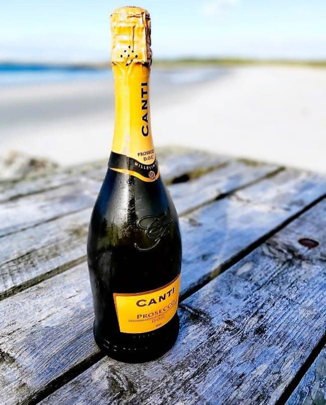 unopened bottle of chianti on a picnic table on a beach with sea in the background