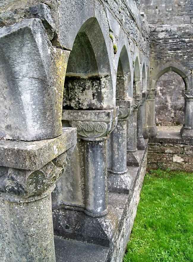 Detail of early gothic arches of Cong Abbey, with carved stonework. 