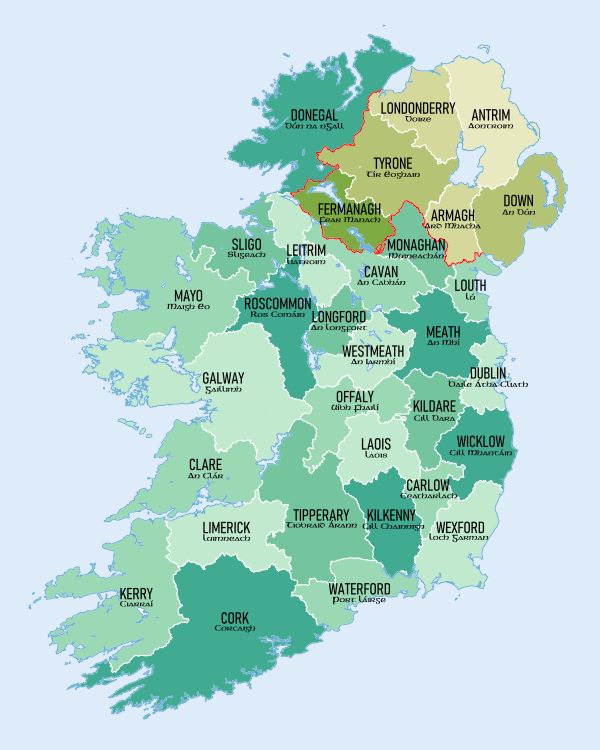 Map of the island of Ireland with county boundaries and county names