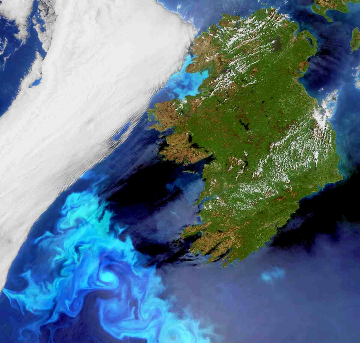 Space image of the island of Ireland from the space station, with blue plankton bloom off the west coast of Ireland. Source: European Space Agency