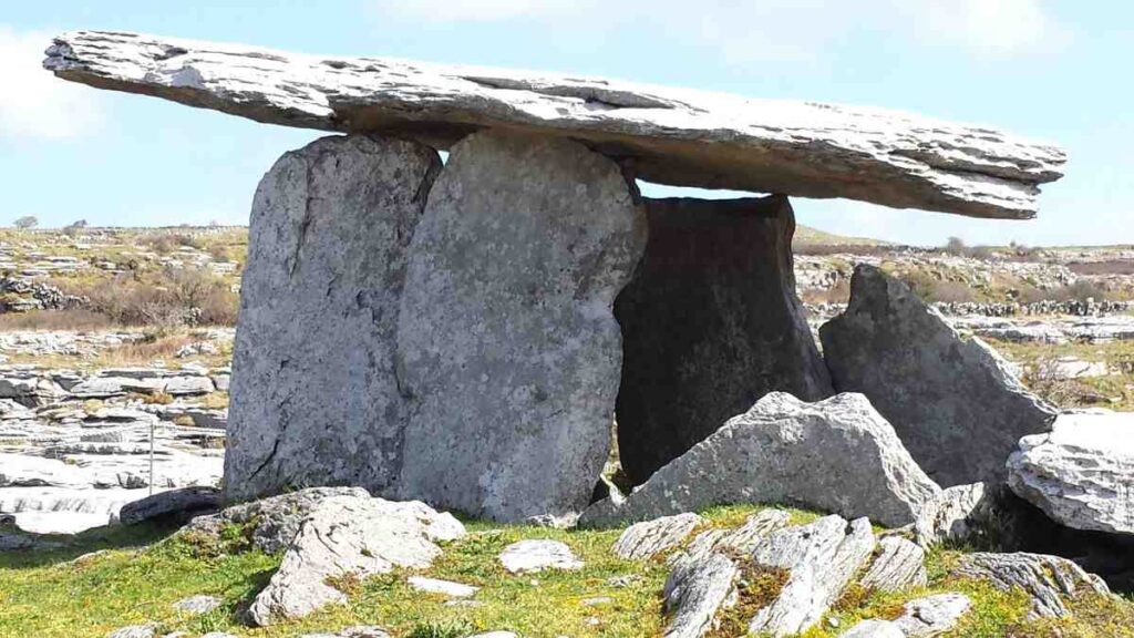 A dolmen (ancient stone structure with sides and a flat stone atop) in the Burren landscape in Co Clare, West of Ireland