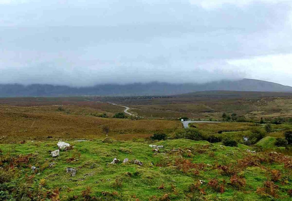 Ireland in winter, bog landscape in the west of Ireland with mountains in the background covered in fog. 