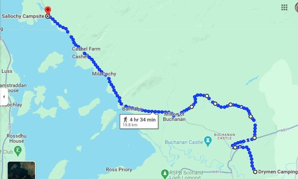 Map of west highland way route from Drymen Camping to Sallochy campsite