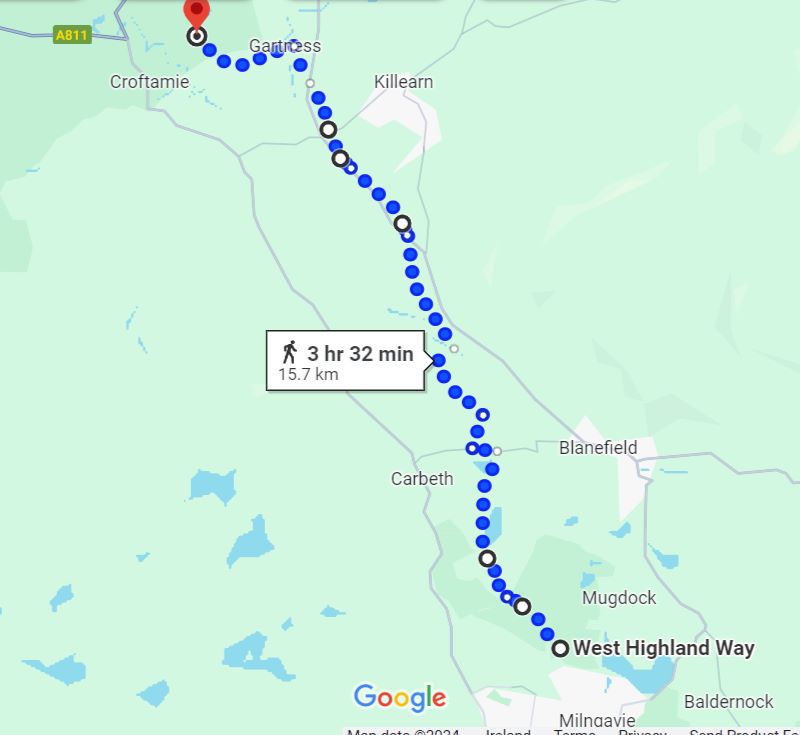 Map showing the route of the West Highland Way from Milngavie to Drymen Camping