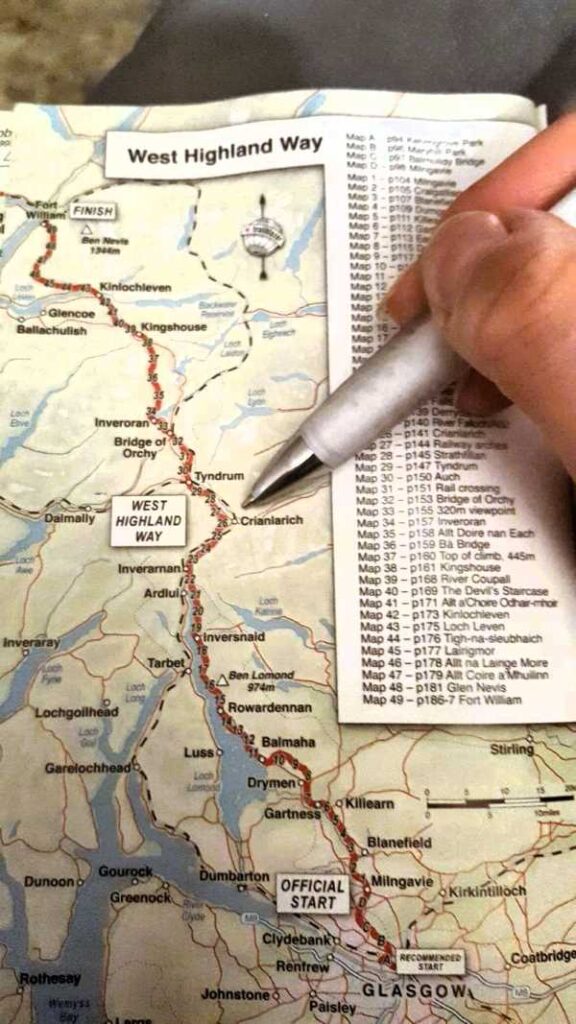 Map of West Highland Way route with a pen pointing to Crianlarich, the halfway point