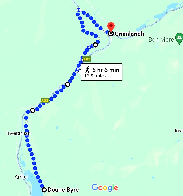 Map showing the walking route from Doune Bothy to Crianlarich, part of the West Highway Way