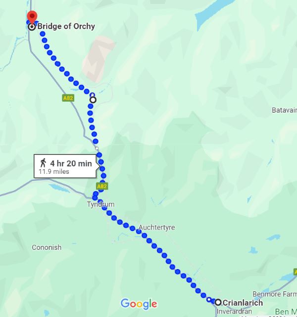 walking route from crianlarich to bridge of orchy dotted on a map