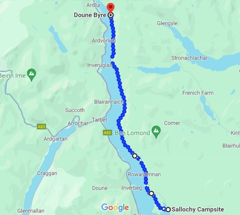 Map with marked out route from Sallochy Campsite to Doune Bothy on the West Highland Way in scotland