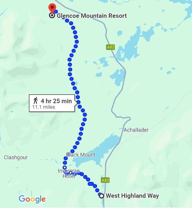 Map showing the West Highland Way route from Bridge of Orchy to Glencoe Mountain Resort