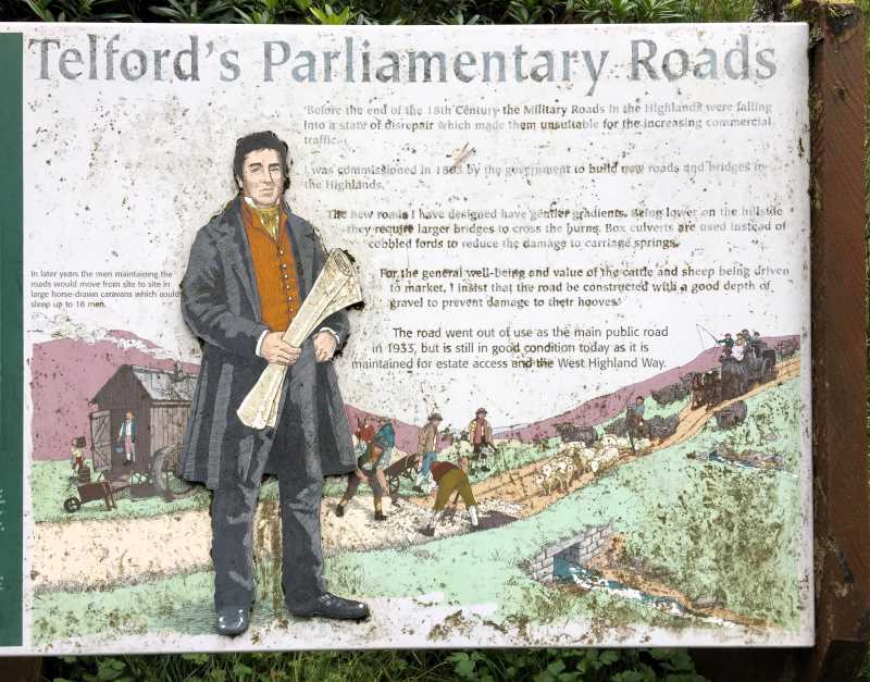 Info sign on west highland way with information on building of Telford's Parliamentary Roads