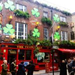 The Temple Bar pub in Dublin decorated with green shamrocks for St Patricks Day